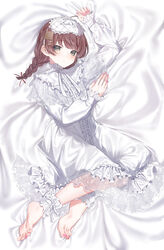  absurdres arm_up barefoot blush book_hair_ornament braid brown_hair female frilled_pajamas hair_ornament hairclip highres indie_virtual_youtuber kanae_(inorin05kanae) long_sleeves looking_at_viewer lying medium_hair on_side pajamas pink_nails single_ankle_cuff sleep_mask solo twintails under_covers virtual_youtuber white_pajamas yomiyama_humino 