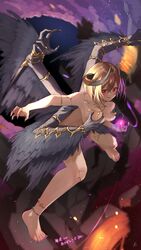  absurdres anklet aogiri_koukou armlet barefoot black_wings bob_cut body_markings breasts brown_hair covering_breasts covering_privates extra_arms female fingernails gold_nails gold_necklace grabbing_own_breast hair_between_eyes highres horns jewelry kkix25 kurikoma_komaru large_breasts magic nail_polish necklace night night_sky nude purple_nails red_eyes ring sharp_fingernails sharp_toenails short_hair signature sky solo thighlet toenail_polish toenails tongue virtual_youtuber wings 