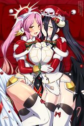  2girls albedo_(overlord) black_hair breast_press breasts candy candy_cane christmas clothing_cutout commentary commission company_connection crossover crotch_cutout english_commentary food garter_straps gloves hair_between_eyes hat heart_cutout highres holly hug jibril_(no_game_no_life) large_breasts lindaroze madhouse multiple_girls no_game_no_life orange_eyes overlord_(maruyama) paid_reward_available panties parted_bangs pillow pink_hair red_pillow santa_hat symmetrical_docking thighhighs thighs twintails twitter_username underwear web_address white_gloves white_panties white_thighhighs yellow_eyes yuri 