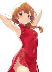  aqua_eyes armpits arms_behind_head baba_konomi baji_toufuu_(bajitohfu) braid breasts brown_hair china_dress chinese_clothes commentary covered_navel dress female floral_print flower hair_between_eyes hair_flower hair_ornament highres idolmaster idolmaster_million_live! idolmaster_million_live!_theater_days light_blush long_hair looking_at_viewer official_alternate_costume red_dress side_ahoge side_braid side_slit sidelocks sleeveless sleeveless_dress small_breasts smile solo thighs white_background 