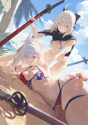  2girls absurdres adapted_costume ahoge american_flag american_flag_bikini american_flag_print bare_shoulders beach bikini black_bow black_gloves black_scarf blonde_hair blue_eyes blue_sky bow breasts choker cleavage collarbone fate/grand_order fate_(series) flag_print gloves green_eyes hairbow half_updo highres katana large_breasts long_hair looking_at_viewer lying miyamoto_musashi_(fate) miyamoto_musashi_(swimsuit_berserker)_(fate) miyamoto_musashi_(swimsuit_berserker)_(second_ascension)_(fate) modare multiple_girls navel okita_j._souji_(fate) okita_j._souji_(first_ascension)_(fate) okita_souji_(fate) on_side outdoors pink_hair ponytail print_bikini scarf short_hair shrug_(clothing) sideboob sky smile stomach swimsuit sword thigh_strap thighs underboob weapon white_bikini 