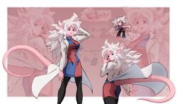  android_21 blue_eyes checkered_clothes checkered_dress colored_skin dragon_ball dragon_ball_fighterz dress earrings female ftw_arts highres hoop_earrings jewelry lab_coat licking_lips looking_at_viewer majin_android_21 pantyhose pink_skin pointy_ears smile solo standing tail tongue tongue_out white_hair 