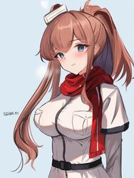  belt blue_eyes breast_pocket breasts brown_hair chinese_commentary commentary_request dimos_(dawn_1945) dress female grey_background hair_between_eyes highres impossible_clothes kantai_collection large_breasts neckerchief partial_commentary pocket red_neckerchief red_scarf saratoga_(kancolle) scarf side_ponytail sidelocks simple_background smile smokestack solo twitter_username upper_body white_dress 