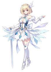  ballerina ballet_slippers blonde_hair blue_eyes breasts brown_dust_2 cleavage_cutout clothing_cutout cross-laced_footwear dress feather_dress feather_hair_ornament feathers female full_body gem hair_ornament highres holding holding_sword holding_weapon justia_(brown_dust) leggings light_blush looking_at_viewer medium_breasts sebu_illust short_hair simple_background small_horns solo standing strapless strapless_dress sword tachi-e tutu weapon white_background white_leggings 