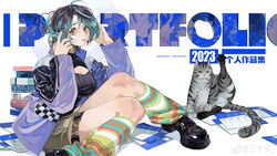  2023 absurdres black_footwear black_hair black_sweater book book_stack breasts cleavage cleavage_cutout closed_mouth clothing_cutout colored_tips feline female foot_out_of_frame green_hair green_headphones grey_shorts hands_up headphones highres holding holding_headphones jacket looking_at_viewer loose_socks medium_breasts multicolored_hair multicolored_socks original paper purple_jacket sanmuyun shorts socks solo sweater thigh_strap weibo_logo weibo_watermark white_background yellow_eyes 