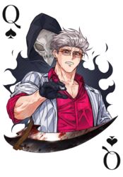  1boy akagi:_yami_ni_oritatta_tensai blood blood_on_weapon clenched_teeth collared_shirt commentary_request cropped_torso death_(entity) fukumoto_mahjong grey_hair grim_reaper hair_slicked_back highres hirayama_yukio holding holding_mahjong_tile jacket mahjong mahjong_tile male_focus nervous_sweating open_clothes open_jacket queen_(playing_card) queen_of_spades red_eyes red_shirt scythe shirt short_hair simple_background spade_(shape) ssom_omo striped_clothes striped_jacket sunglasses sweat teeth upper_body vertical-striped_clothes vertical-striped_jacket weapon white_background white_jacket 