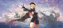  absurdres azur_lane bismarck_(azur_lane) bismarck_zwei_(azur_lane) black_gloves black_hat black_jacket blonde_hair blue_eyes breasts female gloves hat highres jacket large_breasts li_xiao long_sleeves outdoors outstretched_arm peaked_cap rigging sideboob solo water 