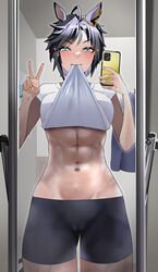  abs absurdres ahoge animal_ears bike_shorts black_hair blue_eyes blush breasts cellphone clothes_lift commentary_request cowboy_shot ear_ornament ear_piercing female fuji_kiseki_(umamusume) hair_between_eyes highres holding holding_phone horse_ears horse_girl horse_tail indoors jitome_no_tsugumi looking_at_mirror looking_at_viewer medium_breasts mirror mouth_hold multicolored_hair navel phone piercing reflection selfie shirt shirt_lift short_hair short_sleeves sidelocks smartphone solo sparkle standing steaming_body stomach tail umamusume v white_hair white_shirt 