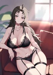  ahoge belt black_bra black_garter_straps black_hair black_nails black_panties blurry blurry_background bow bow_bra bow_panties bra breasts brown_eyes collarbone commission couch female garter_straps highres jewelry large_breasts long_hair navel necklace on_couch original panties pink_nails plant ramachiru red_bow sitting skeb_commission solo thigh_belt thigh_strap two-tone_nails underwear underwear_only window 