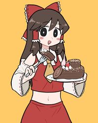  black_eyes blush bow breasts bright_pupils brown_hair bseibutsu cake collared_shirt commentary cookie_(touhou) cowboy_shot crop_top detached_sleeves enema female food fork frilled_bow frilled_hair_tubes frills fruit hair_tubes hairbow hakurei_reimu holding holding_fork holding_plate long_hair looking_at_viewer medium_bangs medium_breasts midriff name_connection navel noel_(cookie) object_namesake open_mouth orange_background plate pun red_bow red_shirt red_skirt ribbon-trimmed_sleeves ribbon_trim shirt sidelocks simple_background skirt skirt_set sleeveless sleeveless_shirt smile solo strawberry touhou triangle_mouth white_pupils white_sleeves wide_sleeves yule_log_(cake) 