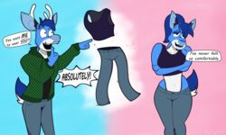  5:3 after_transformation blue_body blue_fur clothing deer female fur gender_transformation happy hi_res magic magic_clothing male mammal maxfloof mtf_transformation sequence text text_box transformation 