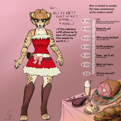  1:1 accessory anthro beef belly beverage bottomwear bow_accessory bow_ribbon braided_hair braided_ponytail bread breasts bree_(kiit0s) burger butter cake candy candy_cane cherry christmas christmas_clothing claws clothed clothing cutlery dairy_products dessert dialogue digital_media_(artwork) digitigrade donation_drive english_text extinct fangs felid feline female festive food fork fruit fur fur_pattern furniture growth_drive hair ham hi_res holidays kiit0s kitchen_utensils knife legwear looking_down mammal meat midriff milkshake miniskirt navel painted_claws paws plant ponytail pork prehistoric_species red_clothing ribbons saber-toothed_tiger simple_background skirt smilodon solo standing steak stuffing table tail teeth text tools topwear weight_gain_drive 