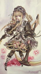  commentary_request female gothic_lolita lolita_fashion margaret_moonlight morito_leaf9 no_more_heroes scythe solo twintails 