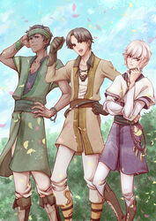  3boys aoi_(xxxaoi) black_hair boots bracelet brown_hair commentary_request dark-skinned_male dark_skin day fire_emblem fire_emblem_echoes:_shadows_of_valentia gloves gray_(fire_emblem) headband highres jewelry kliff_(fire_emblem) leaf male_focus multiple_boys open_mouth petals purple_eyes sky teeth tobin_(fire_emblem) white_hair 