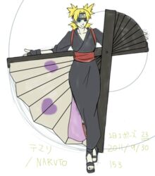  blonde_hair female fingerless_gloves forehead_protector gloves green_eyes naruto ninja sandals short_hair simple_background smile sunagakure_symbol temari white_background 