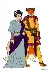  2016 ancient_rome anthro belt canid canine canis clothed clothing crown domestic_dog duo emperor female footwear fox full-length_portrait hair headgear hi_res jewelry looking_at_another looking_at_partner male mammal melee_weapon necklace ohs688 portrait roman romantic romantic_couple royalty shirt shoes simple_background sword tighs toga topwear tunic walking weapon white_background 