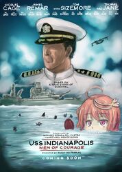  1boy commentary_request copyright_name english_text faceless faceless_male female h2_(h20000000) i-58_(kancolle) kantai_collection movie_poster nicolas_cage parody partially_submerged shark_fin uss_indianapolis_(ca-35) 