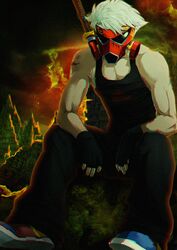  1boy blonde_hair commentary dirk_strider english_commentary fingerless_gloves gas_mask gloves highres homestuck male_focus mask red_clouds ruins schouher sitting solo sunglasses sword tank_top tattoo triangular_eyewear weapon 