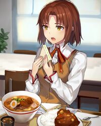  bowl brown_hair chair commentary_request curry curry_rice fate/stay_night fate_(series) female food homurahara_academy_school_uniform mitsuzuri_ayako momoko_(momopoco) noodles open_mouth ramen rice sandwich school_uniform short_hair sitting solo spoon table upper_body vest 