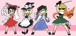  2girls 3boys ? black_hair blonde_hair blue_eyes bow commentary_request cosplay crossdressing davesprite detached_sleeves dirk_strider dual_wielding glasses gohei green_eyes gun hair_ornament hair_ribbon hair_tubes hairband hairbow hakurei_reimu hakurei_reimu_(cosplay) hat holding homestuck jake_english jane_crocker kirisame_marisa kirisame_marisa_(cosplay) kochiya_sanae kochiya_sanae_(cosplay) konpaku_youmu konpaku_youmu_(cosplay) lowres midriff mihirahira multiple_boys multiple_girls pink_eyes ribbon roxy_lalonde short_hair skirt skull_hair_ornament smile sunglasses sword touhou trait_connection triangular_eyewear weapon witch_hat 