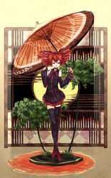  commentary_request crossed_legs detached_sleeves drill_hair female highres kasane_teto oil-paper_umbrella red_eyes red_hair ribbon same_2009 solo thighhighs twin_drills twintails umbrella utau watson_cross 