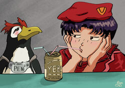  avian beak beverage_can bird blush clothing drunk duo female grabbing_face hair hat headgear headwear hi_res human looking_at_another male male/female mammal misato_katsuragi neon_genesis_evangelion pen_pen_(evangelion) penguin purple_hair signature simple_background substance_intoxication sven_wilhelm 