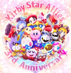  6+boys 6+girls adeleine anniversary bandana bandana_waddle_dee beret black_hair blonde_hair blue_bandana blue_hair coo_(kirby) dark_meta_knight daroach everyone fangs flamberge_(kirby) francisca_(kirby) hat highres kine_(kirby) king_dedede kirby kirby:_star_allies kirby_(series) magolor marx_(kirby) mask meta_knight multiple_boys multiple_girls pink_hair rayman_limbs red_hair red_headwear reironsenzai ribbon_(kirby) rick_(kirby) smile susie_(kirby) taranza tongue tongue_out wings zan_partizanne 