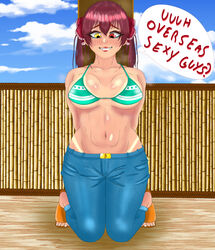  bikini breasts cosplay crying crying_with_eyes_open denim eddarxart english_text female heterochromia highres hololive houshou_marine jeans kneeling large_breasts looking_at_viewer nami_(one_piece) nami_(one_piece)_(cosplay) nervous_sweating one_piece pants red_eyes red_hair self-upload straight-on sweat swimsuit tears tied_to_stake twintails virtual_youtuber yellow_eyes 