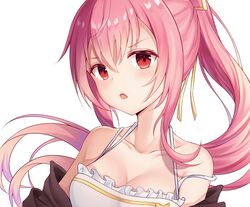  angel_no_shousou breasts cleavage close cropped long_hair original pink_hair ponytail red_eyes ribbons waifu2x white 