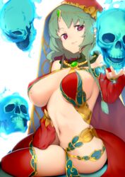  absurdres arabian_clothes bare_shoulders blue_fire braid breasts breasts_apart closed_mouth covered_nipples detached_sleeves fate/grand_order fate_(series) female fire flaming_skull floating_skull gem green_hair harem_outfit highres jewelry large_breasts long_hair looking_at_viewer low_twin_braids medium_breasts mole mole_on_breast nanao_(aoyamahikari) navel parted_bangs puffy_sleeves red_eyes red_thighhighs revealing_clothes salome_(fate) sideboob simple_background single_braid sitting skull smile smirk solo stomach thighhighs thighs twin_braids veil yokozuwari 