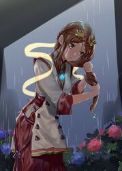  breasts brown_hair chest_jewel cowboy_shot fan_la_norne female flower hakama hakama_skirt hydrangea japanese_clothes leaning_forward long_hair medium_breasts misu_kasumi plant pout rain skirt solo wet wet_clothes wringing_hair xenoblade_chronicles_(series) xenoblade_chronicles_2 xenoblade_chronicles_2:_torna_-_the_golden_country yellow_eyes 