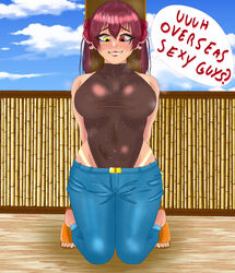  alternate_costume breasts crying crying_with_eyes_open denim eddarxart english_text female heterochromia highres hololive houshou_marine jeans kneeling large_breasts leotard looking_at_viewer nervous_sweating one-hour_drawing_challenge pants red_eyes red_hair self-upload straight-on sweat tears tied_to_stake twintails virtual_youtuber yellow_eyes 