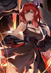  an_yasuri arknights bangs banned_artist black_dress black_jacket breasts buckle cleavage closed_mouth cowboy_shot detached_collar dress female giant highres horns jacket large_breasts long_hair long_sleeves molten_rock open_clothes open_jacket pouch purple_eyes red_hair smile surtr_(arknights) sword underbust very_long_hair weapon 