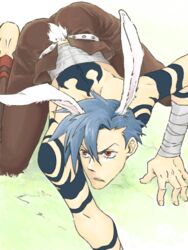  1boy animal_ears bunny_boy bunny_ears bunny_tail bunnysuit crawling kamina male male_focus ru&amp;padua_(artist) shirtless solo tail tattoo tengen_toppa_gurren-lagann tengen_toppa_gurren_lagann 