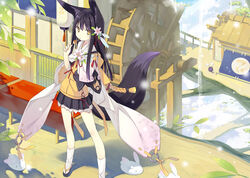  animal_ear_fluff animal_ears bare_legs black_hair commentary_request dango eating female flower food hair_flower hair_ornament japanese_clothes kuromitsu_nene long_hair looking_at_viewer original petticoat photoshop_(medium) poco_(asahi_age) sandals skirt solo standing tabi tail wagashi water_wheel yellow_eyes 