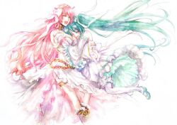  2girls boots breasts detached_sleeves dress frills gothic_lolita green_hair hair_ribbon hair_ribbons hatsune_miku hug large_breasts lolita_fashion long_hair mary_janes megurine_luka midriff multiple_girls navel pink_hair ribbon ribbons shoes skirt smile twintails very_long_hair vocaloid watercolor watercolor_(medium) 