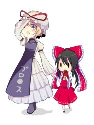  arm_up banned_artist bare_shoulders black_hair blonde_hair blue_eyes bow chibi detached_sleeves frilled_bow frills hairbow hakurei_reimu harano hat hat_ribbon height_difference holding_hands hollow_eyes long_hair multiple_girls one_eye_closed open_mouth ponytail ribbon sidelocks simple_background touhou very_long_hair white_background yakumo_yukari 