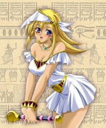  bare_shoulders blonde_hair blue_eyes blush breasts cleavage cosplay dark_magician_girl detached_sleeves dress duel_monster female happy hat jewelry large_breasts long_hair mana_(yu-gi-oh!) necklace open_mouth skirt smile solo wand wristband yu-gi-oh! yu-gi-oh!_duel_monsters 