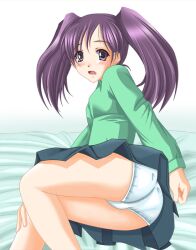  artist_request ass bed blouse blue_panties blush kido_shuuko long_sleeves lying miniskirt on_side panties pantyshot pantyshot_(lying) pleated_skirt purple_eyes purple_hair rockman rockman_exe short_twintails skirt solo surprised twintails underwear upskirt 