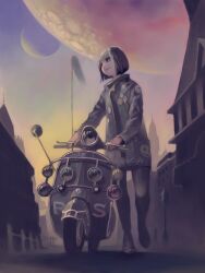  black_eyes black_hair bob_cut city coat commentary_request fantasy female from_below grin motor_vehicle multiple_moons original planet pomodorosa scarf scooter short_hair sky smile solo tower vespa walking 