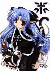  animal_ears bandages black_dress blood blue_hair bow capelet cat_ears cat_tail character_doll doll dress hairbow kagetsu_tooya len long_hair melty_blood nekoneko pointy_ears red_eyes solo tail thighhighs toono_shiki tsukihime very_long_hair 