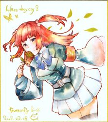  armband blue_eyes bug butterfly flower frills hair_bobbles hair_ornament hanokage insects jacket millipen_(medium) red_hair ribbon rose shikishi solo thighhighs traditional_media two_side_up umineko_no_naku_koro_ni ushiromiya_ange watercolor_(medium) zettai_ryouiki 