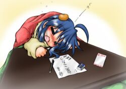  ahoge blue_hair blush drooling eraser food food_on_head fruit fruit_on_head izumi_konata kotatsu long_hair lucky_star mandarin_orange mechanical_pencil mole mole_under_eye nengajou new_year non-web_source object_on_head paper pencil sleeping solo table translated 