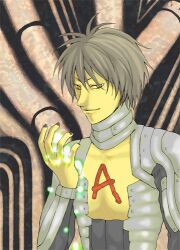  1boy armor ash ash_(galerians) body_markings galerians galerians:_ash grey_fingernails lowres silver_hair smile solo uranium video_game yellow_eyes 