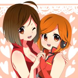  2girls ahoge bad_id bad_pixiv_id brown_eyes brown_hair fingerless_gloves gloves headphones meiko_(vocaloid) multiple_girls one_eye_closed sakine_meiko short_hair smile sukoyaka_(100hituzi) time_paradox vocaloid 