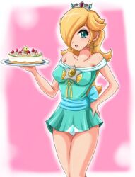  bare_shoulders blonde_hair blue_eyes breasts cake cleavage crown dress food hair_over_one_eye happy luma mario nintendo panties princess princess_rosalina sigurdhosenfeld stars strawberries super_mario super_mario_bros. 