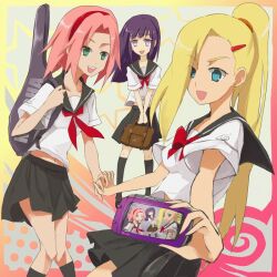  banned_artist blonde_hair blue_hair green_eyes hyuuga_hinata ino_yamanaka long_hair multiple_girls naruto naruto_(series) pink_hair sakura_haruno school_uniform skirt white_eyes yokige 