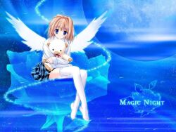  800x600 angel blue_eyes blush brown_hair glitter hug hugging magic_night moon plaid plaid_skirt pleated_skirt short_hair sitting skirt stuffed_animal stuffed_toy teddy_bear thigh-highs thighhighs wallpaper wings 