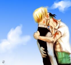  2boys bandana blonde_hair blood earrings falling green_hair hair_over_one_eye haramaki hug injury jewelry male male_focus male_only multiple_boys one_piece roronoa roronoa_zoro sanji sky standing yaoi zoro zosan 