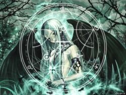  demon fallen_angel goth gothic green_hair long_hair wallpaper 